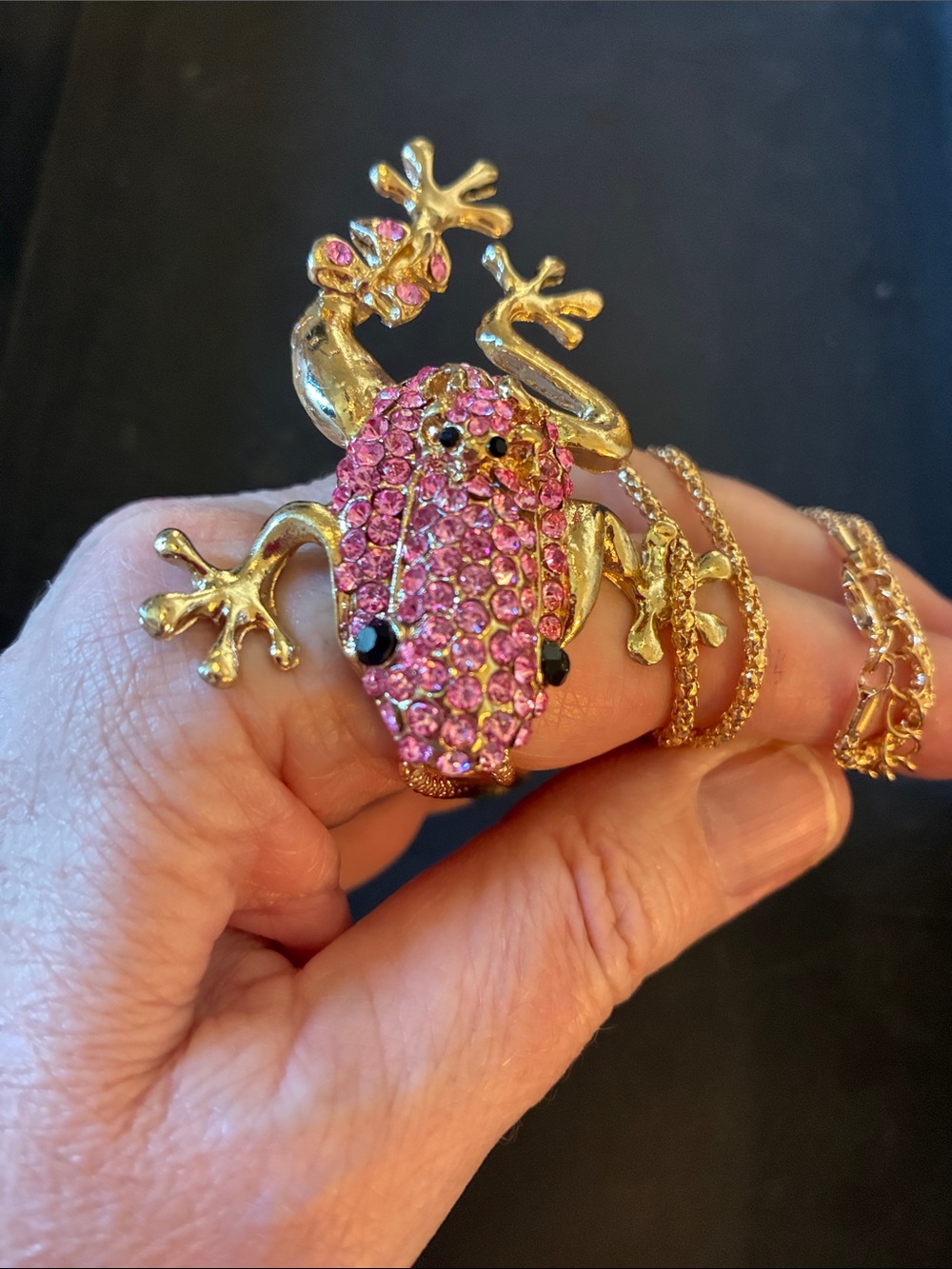 Gold-Tone Pink Crystal Frog pendant necklace and baby on her back. Black eyes